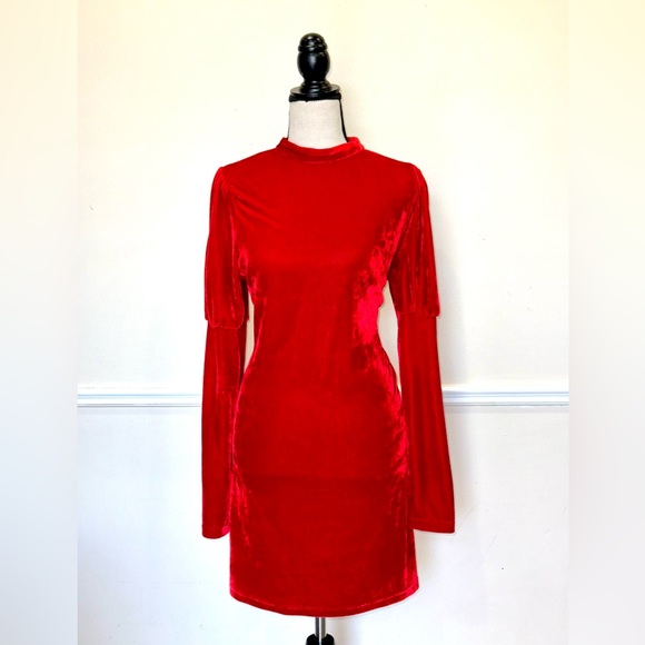 A red velvet mini dress with long sleeves. - Picture 3 of 3